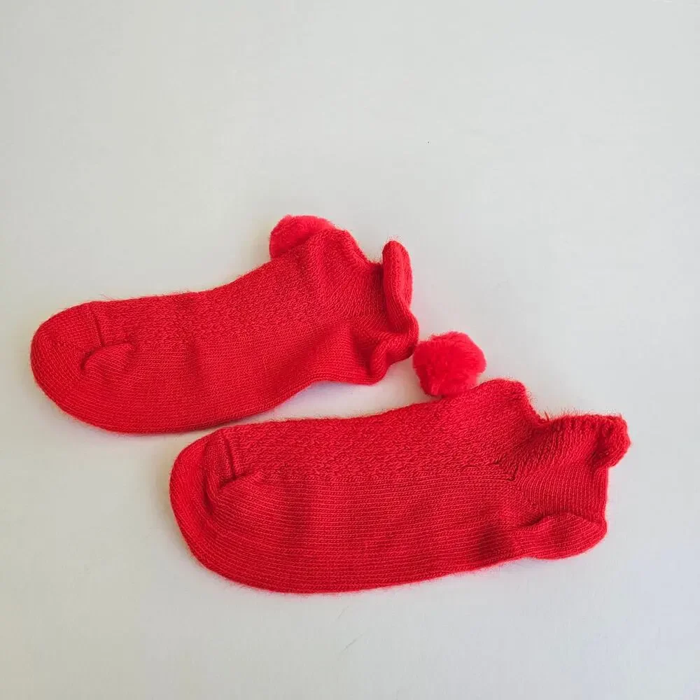 Orlon Slipper Socks Red Stretch Knit Nylon PomPom Vintage 70s One Size Vtg